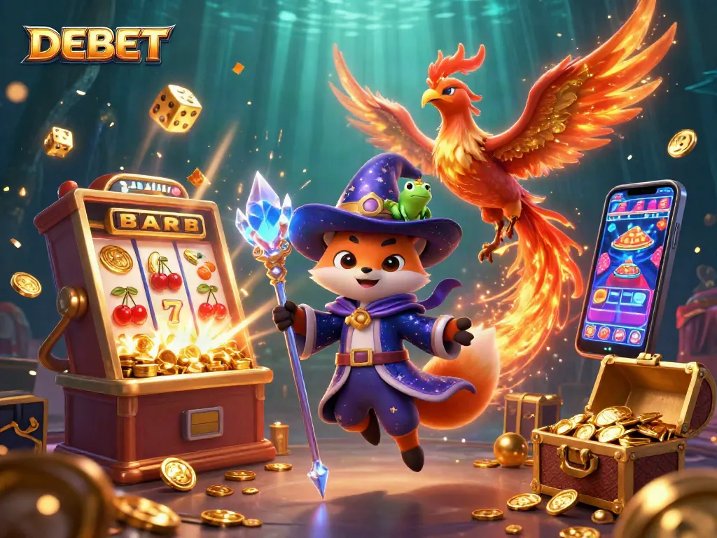 Spin the DEBET slot machine with a mystical wizard and phoenix for exciting jackpot wins.