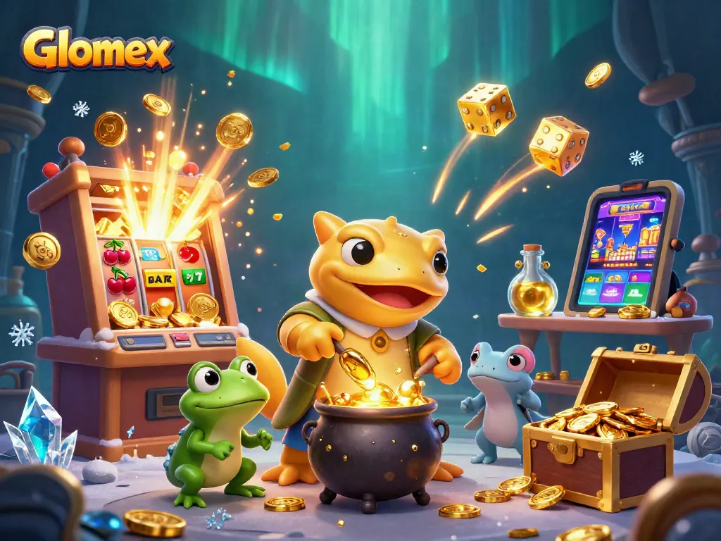 Experience the excitement of Glomex casino games with vibrant slot symbols and golden treasure.