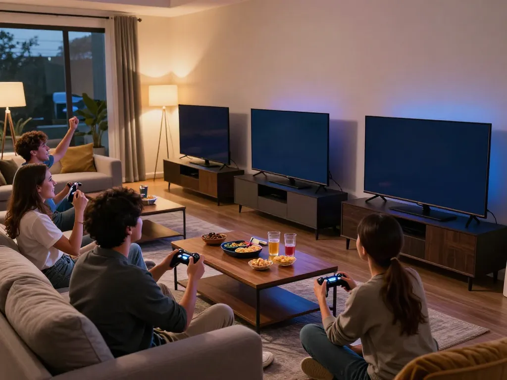Friends enjoying slot games in cozy living room while logging into luxury12 for a gaming experience.