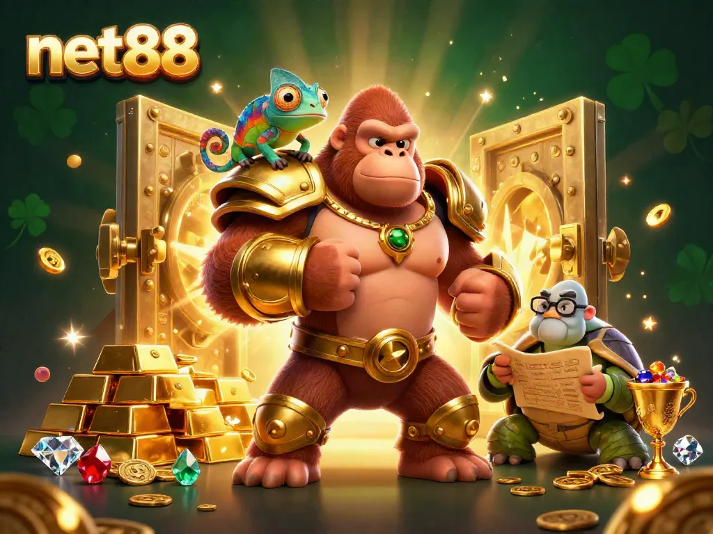 Experience thrilling action with net88 as a powerful gorilla king and wise tortoise explore a treasure-rich casino world.