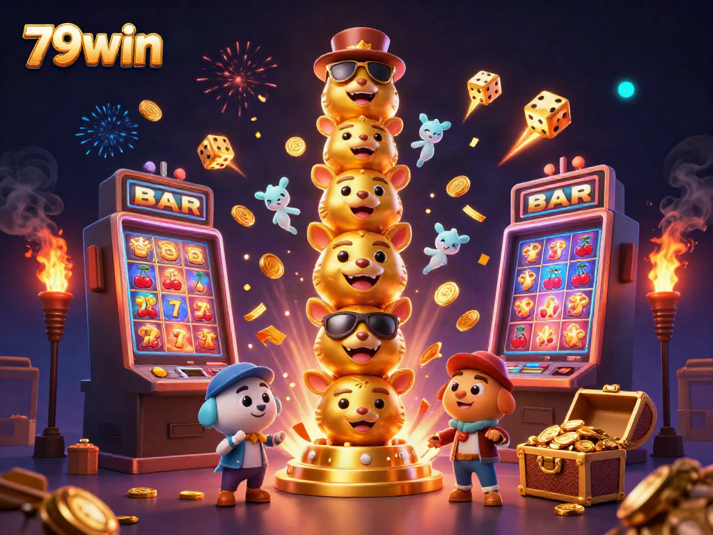 Experience the excitement of 79win with animated golden totem and vibrant casino elements