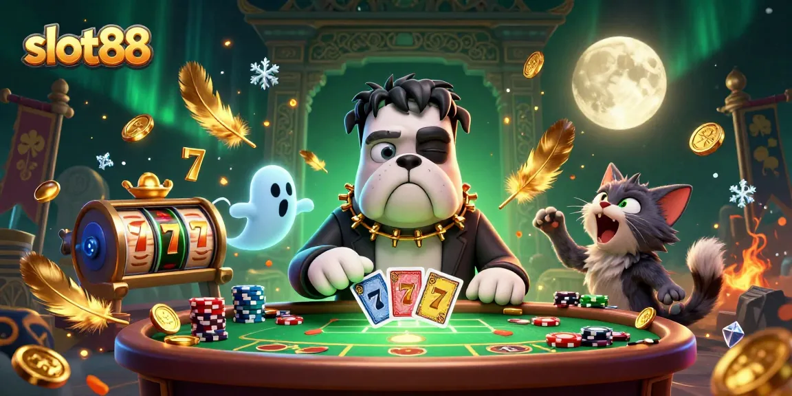 Menang di slot88 dengan pengaturan kartu oleh monster Frankenstein dan simbol keberuntungan mengelilingi.