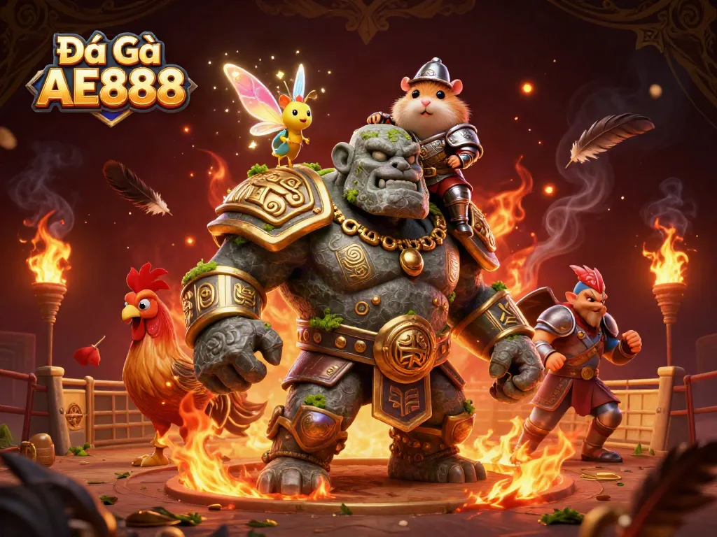 Engage in Đá Gà AE888 with a dynamic scene of a stone golem, knight, and fairy surrounded by arena elements.