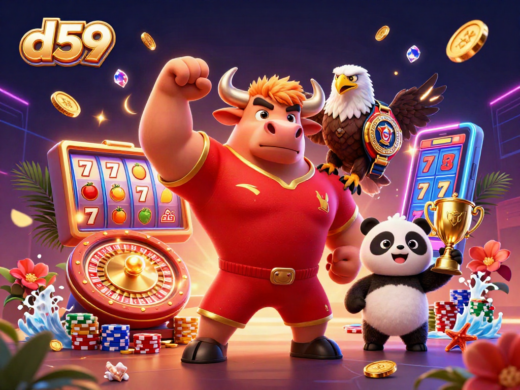 Engage with d59 as a muscular bull mascot celebrates victory with a trophy in a vibrant casino scene.