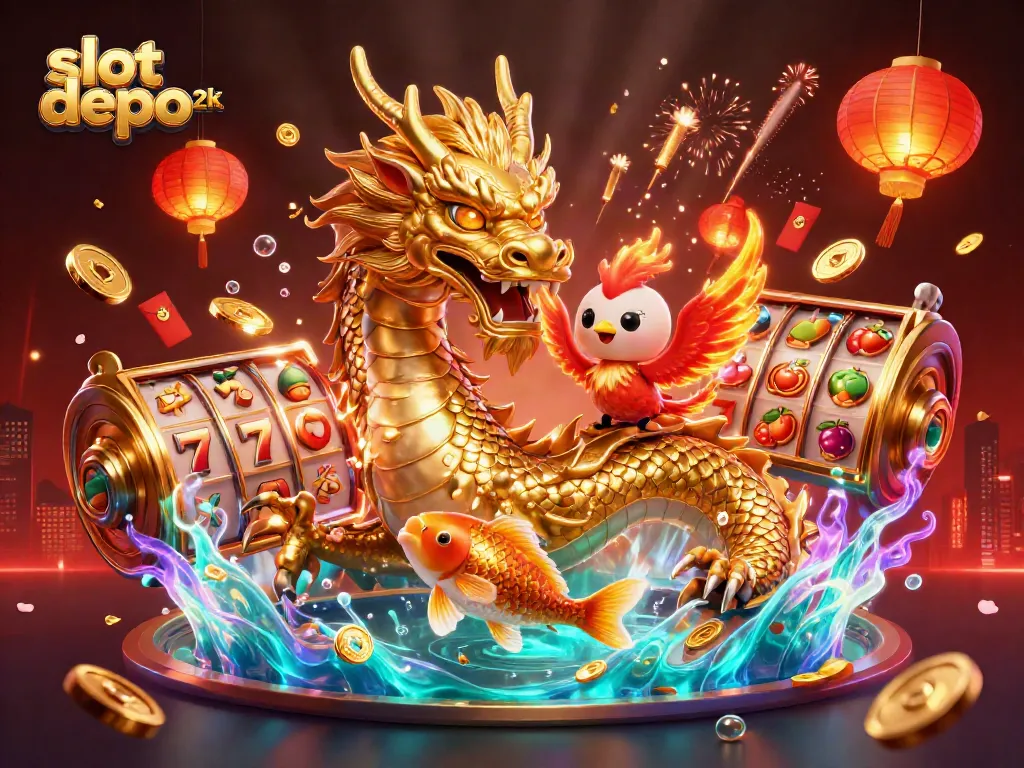 Experience thrilling gameplay at slot depo 2k with vibrant dragons and lucky coins in an engaging casino scene.
