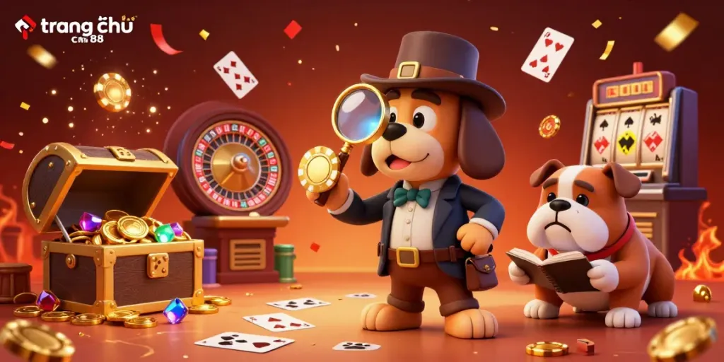 Experience the excitement of trang chủ cm88 with animated casino scenes featuring a bloodhound detective and treasure clues.