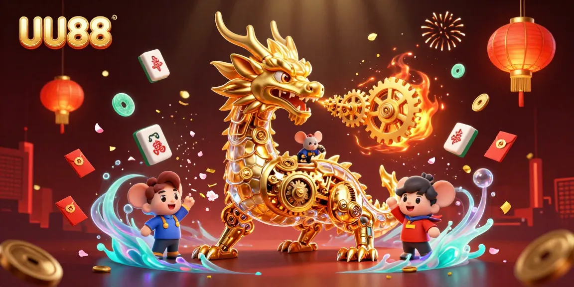 Experience the excitement of UU88 with a stunning 3D casino scene featuring a golden dragon and vibrant gaming elements.