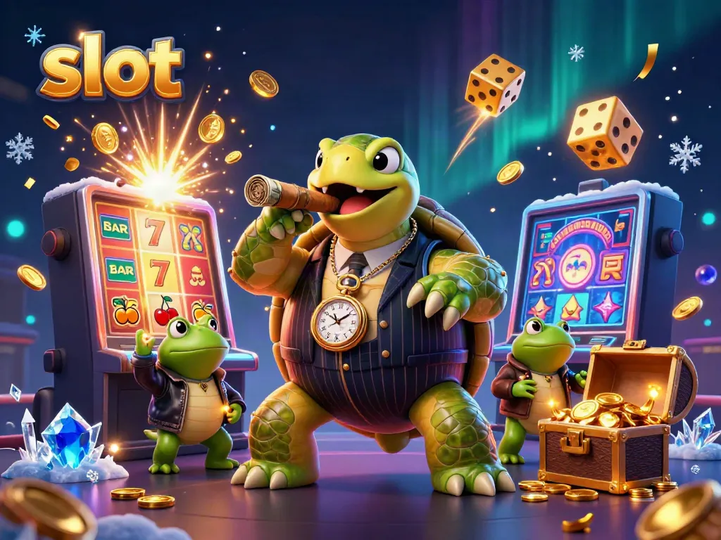 Experience thrilling slot wins with a cartoon snapping turtle in a dynamic casino scene.