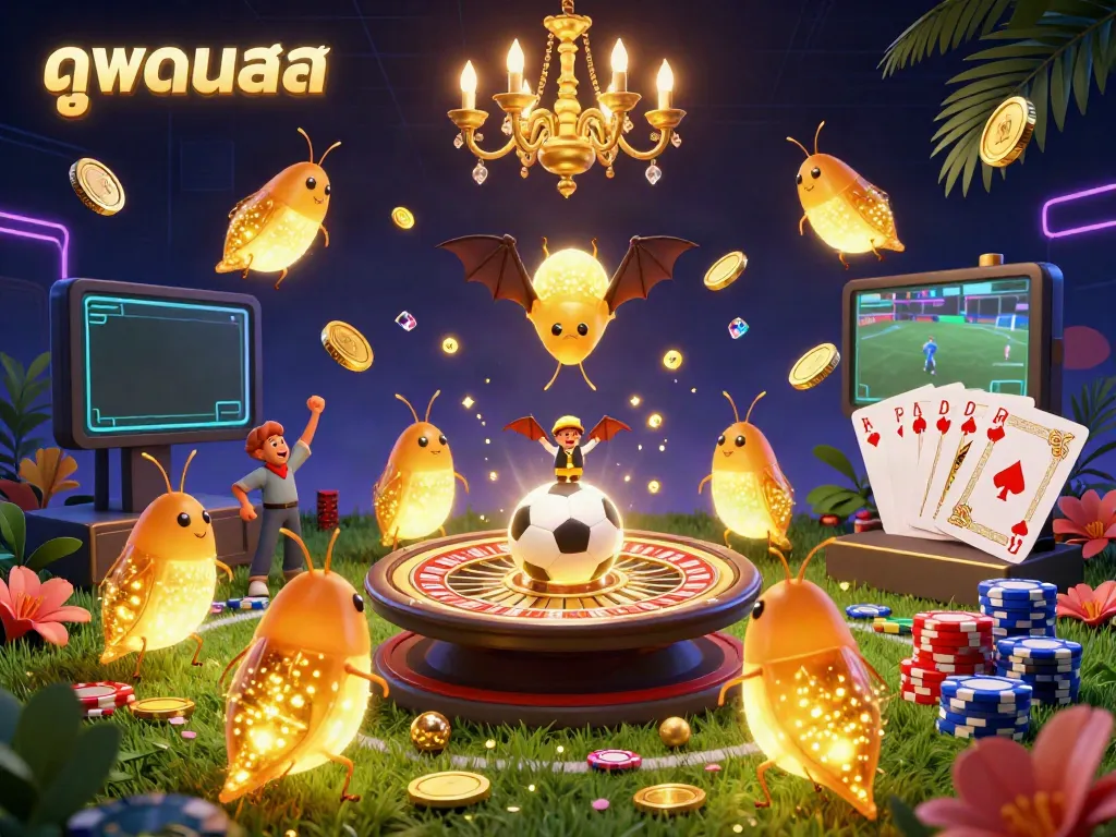 Experience dazzling football streaming highlights with ดูบอลสด, a dynamic scene filled with animated characters and gold coins.