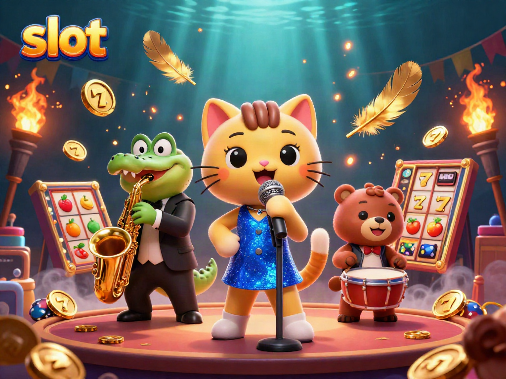 Experience thrilling slots action with a jazz-singing cat and friends in this vibrant casino scene.