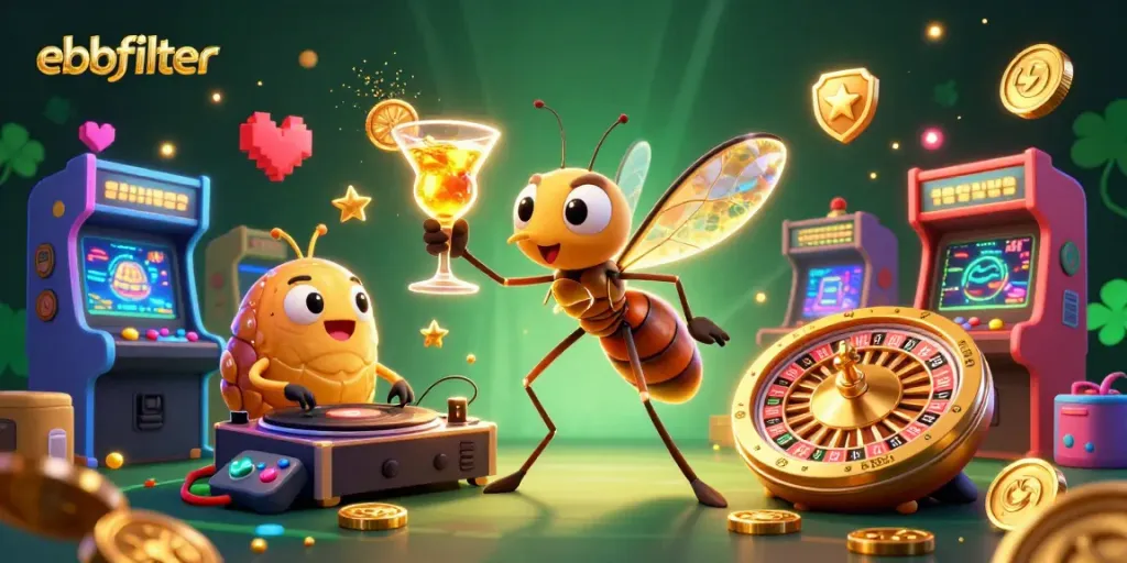 Experience the excitement of ebbfilter with vibrant casino elements, featuring unique characters and gaming aesthetics.