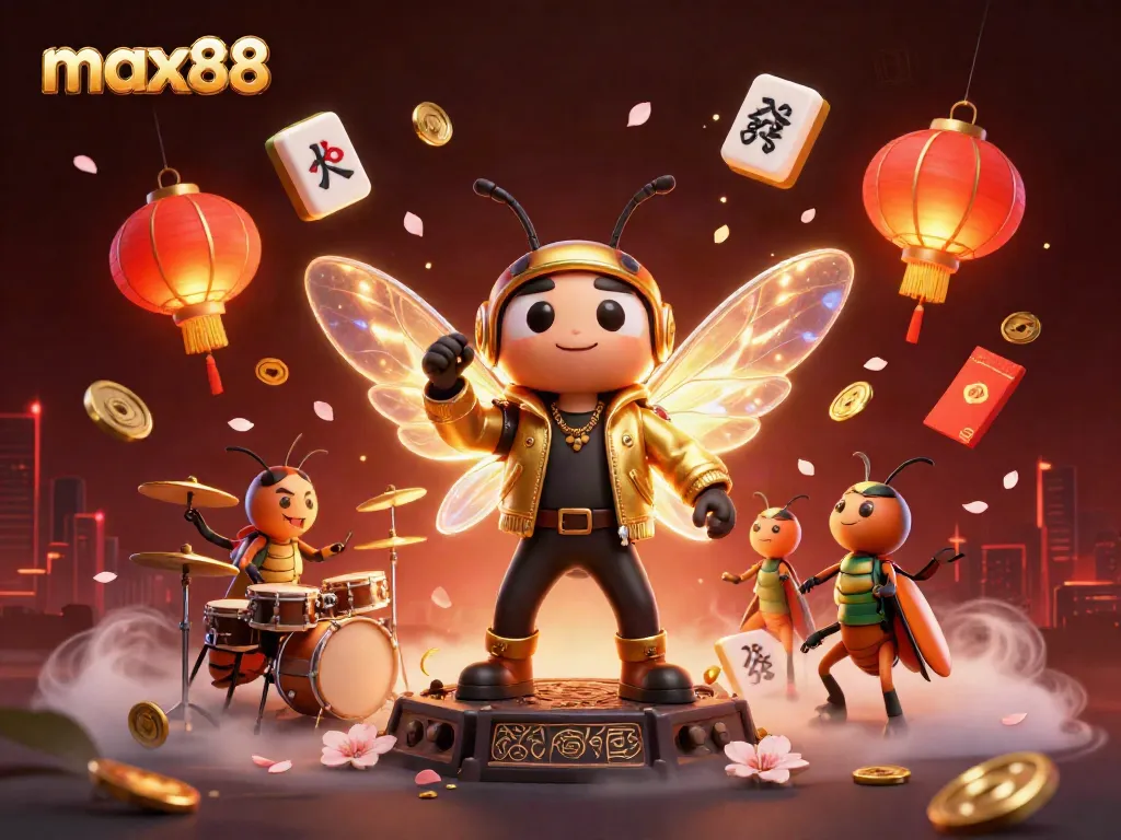 Experience the thrilling world of max88 with a vibrant 3D illustration featuring a rock star cicada and festive casino elements.
