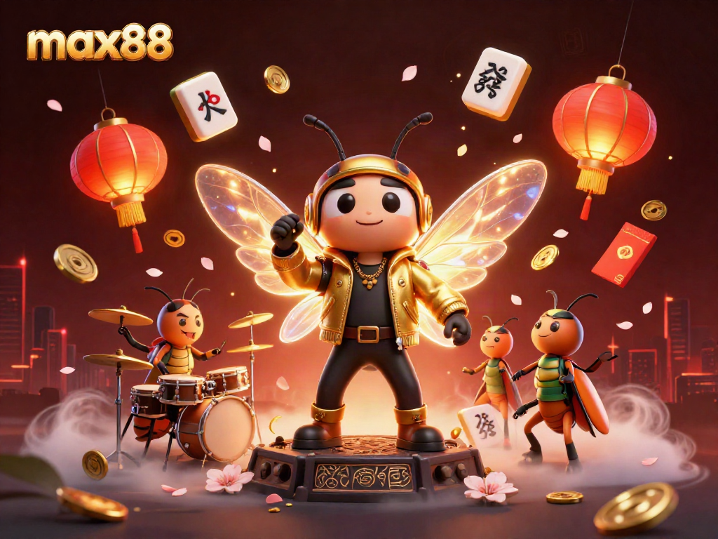 Experience the thrilling world of max88 with a vibrant 3D illustration featuring a rock star cicada and festive casino elements.