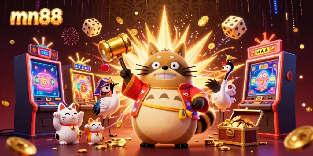 Experience the excitement at mn88 with a dynamic 3D casino illustration filled with vibrant game elements.