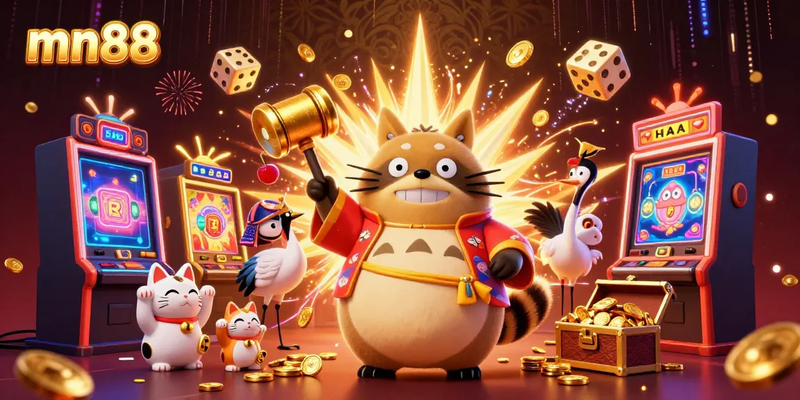Experience the excitement at mn88 with a dynamic 3D casino illustration filled with vibrant game elements.