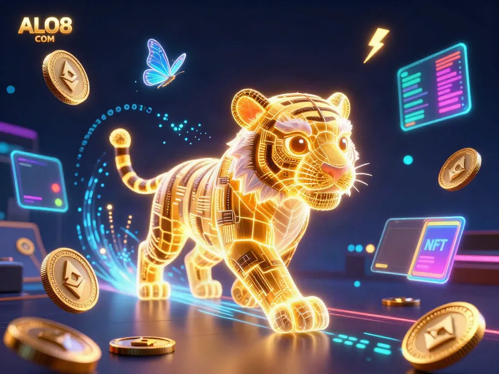 Experience the thrilling energy of ALO8 COM with a vibrant 3D casino scene featuring a neon tiger and cryptocurrency elements.