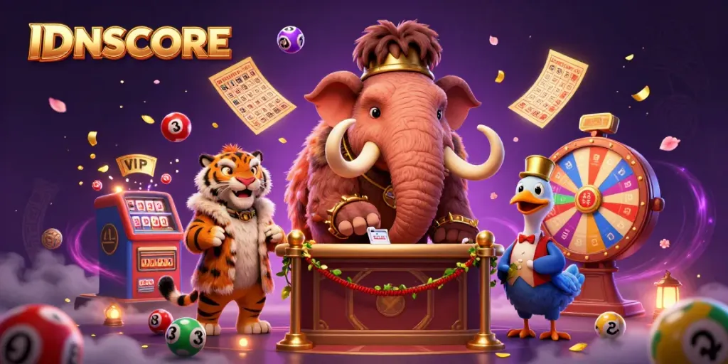 Experience excitement at IDNSCORE with the cartoon woolly mammoth bouncer and vibrant lottery elements.