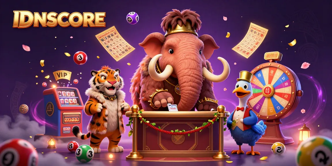 Experience excitement at IDNSCORE with the cartoon woolly mammoth bouncer and vibrant lottery elements.
