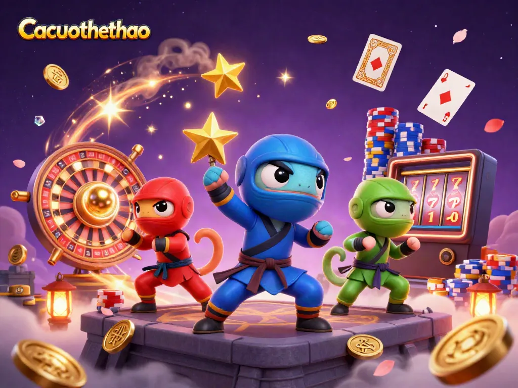 Cacuocthethao depicts a vibrant 3D showdown with ninja chameleons, overflowing with casino elements.