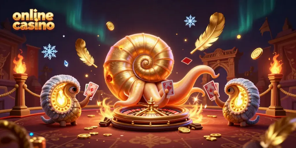 Engage in thrilling online casino games with a vibrant 3D illustration featuring a golden roulette shell and glowing ammonites.