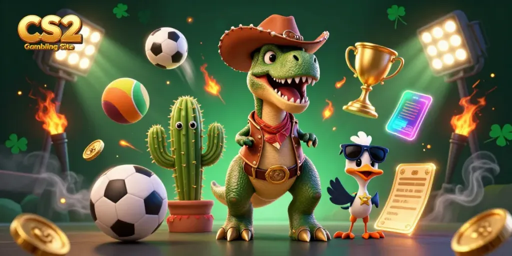 CS2 Gambling Site scene with cartoon T-Rex cowboy and sidekicks, featuring dynamic sports elements.