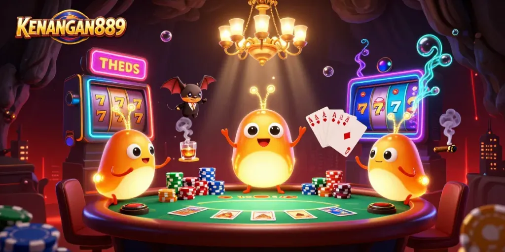 KENANGAN889 lights up a vibrant cave casino featuring glowworms, poker elements, and a bat dealer.
