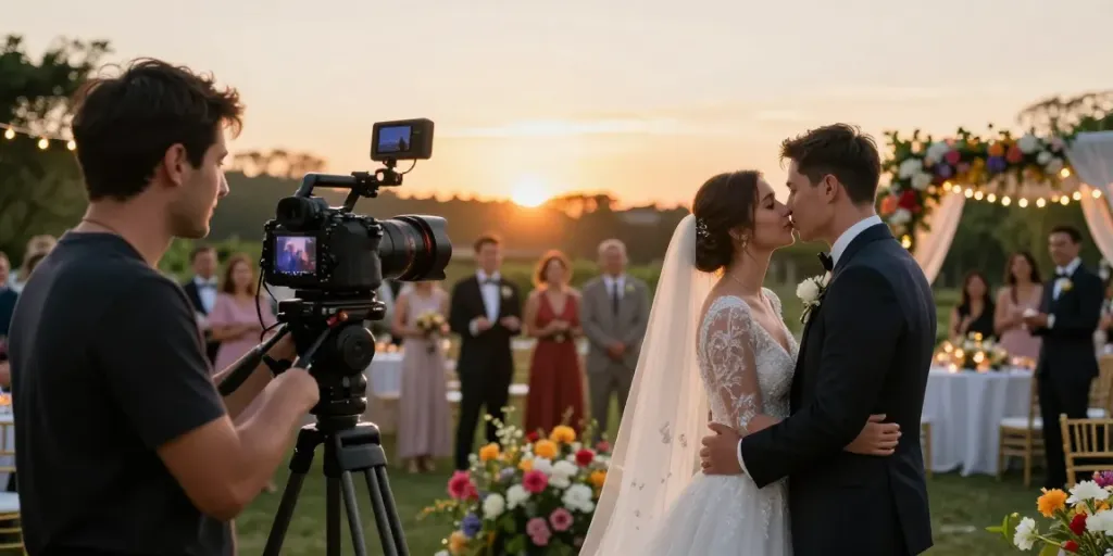 Videografi pernikahan dengan nagawin77 menangkap momen romantis pasangan di taman dengan dekorasi indah.