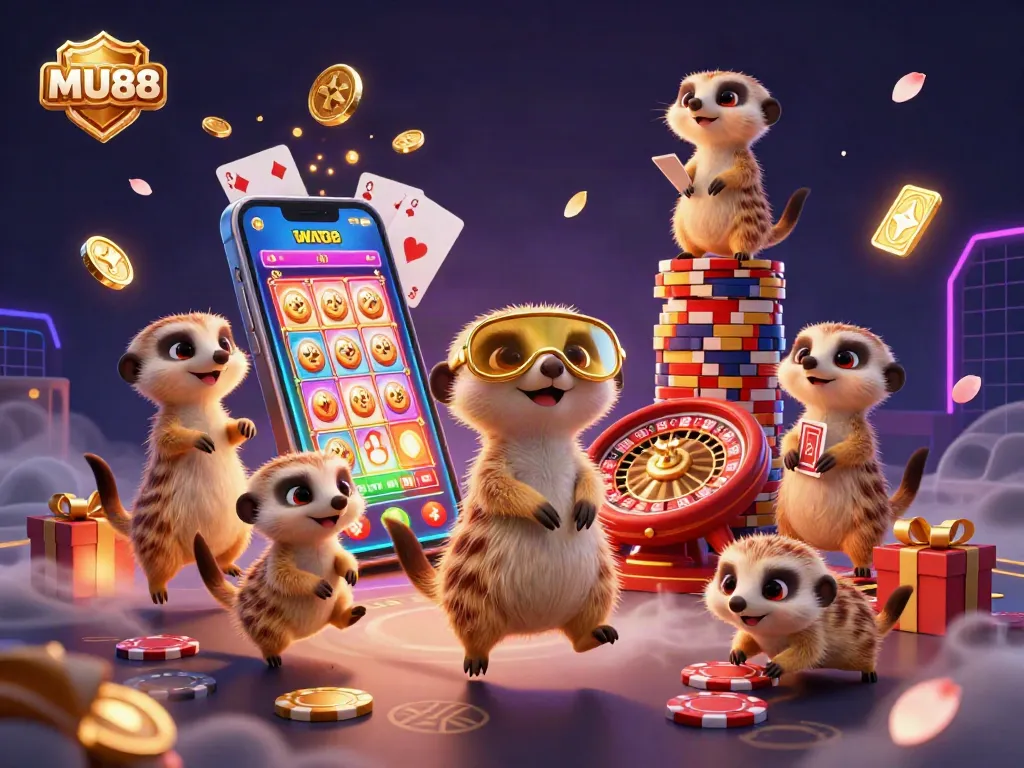 Engage with MU88's lively meerkat casino scene featuring vibrant slot games and dynamic action.