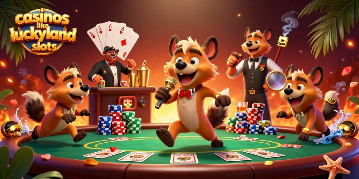 Experience exciting gameplay at casinos like LuckyLand Slots with engaging 3D hyenas in a vibrant casino setting.