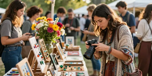 Seorang fotografer bighoki88 sedang menangkap momen berkelas dengan karya seni di pasar kreatif.