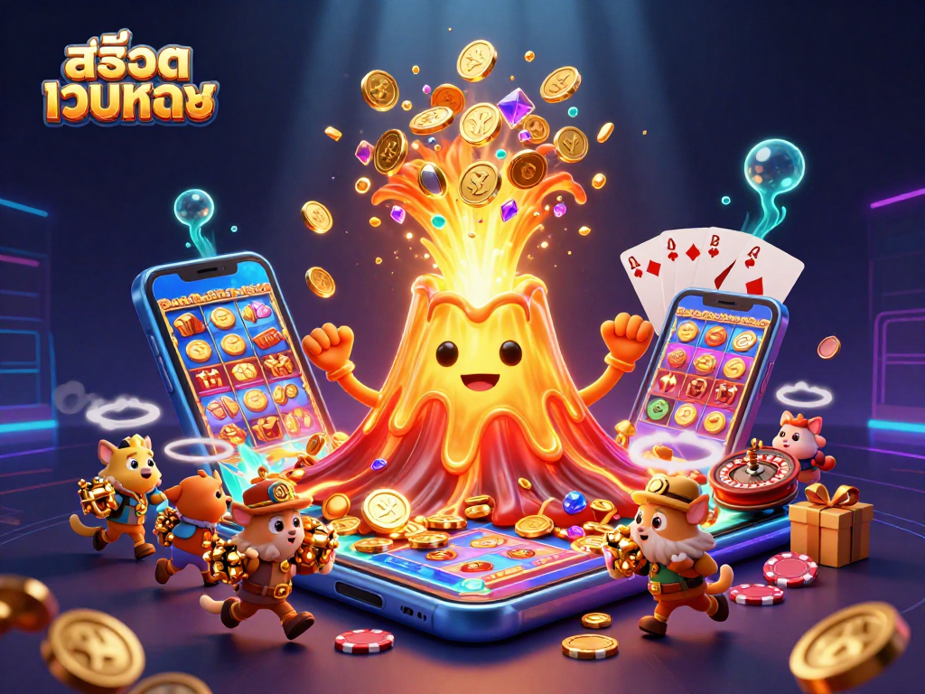 Engage with สล็อตเว็บตรง in a vibrant illustration showcasing thrilling slot game elements and a golden volcano erupting coins.