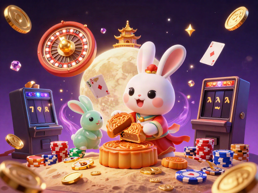 Experience exhilarating gaming with i9bet, featuring a moon rabbit surrounded by casino elements like poker chips and coins.