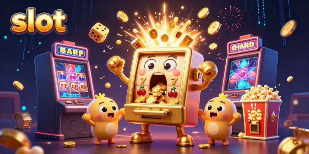 Slot mesin emas ceria menangkan jackpot dengan koin menjatuh dan slot kecil bersorak.
