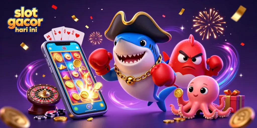 Permainan slot gacor hari ini dengan simbol kemenangan dan karakter lucu dalam ilustrasi 3D