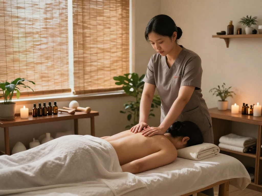 Relaxing 인천출장안마 scene with a therapist and client in a serene massage studio, promoting wellness and tranquility.