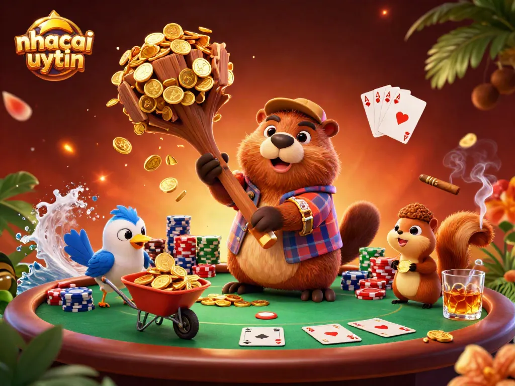 nhacaiuytin showcases an energetic casino scene with vibrant characters collecting coins while playing poker.