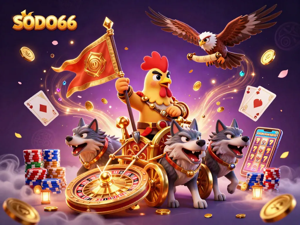 SODO66 features a dramatic 3D illustration of a rooster warlord in a golden chariot amidst a vibrant casino scene.