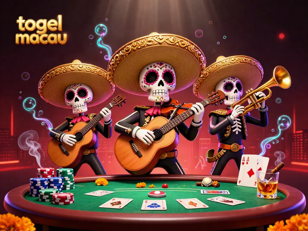 Engage in thrilling togel macau action with illustrated skeleton mariachi band and poker elements
