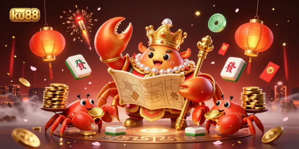 Experience the vibrant excitement of ku88 with a golden crab emperor and hermit crabs amidst dynamic gaming elements.