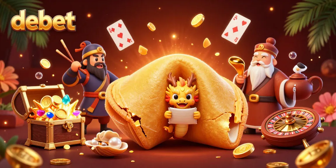 Engage with debet's thrilling casino atmosphere with a golden fortune cookie and wise dragon.