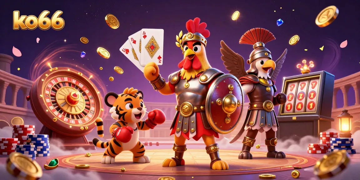 Join the thrilling world of ko66 with a dynamic casino battle scene featuring vibrant characters and casino elements.