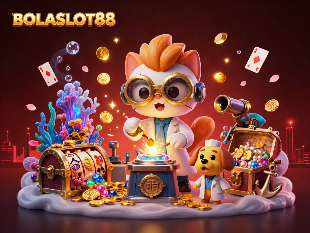 BOLASLOT88 features dynamic slot elements as a mad scientist cat and assistant create riches in a vibrant, underwater-themed casino.