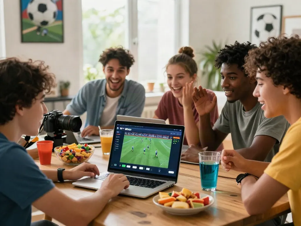 Friends enjoying soccer betting on WWBOLA platform in a lively setting.