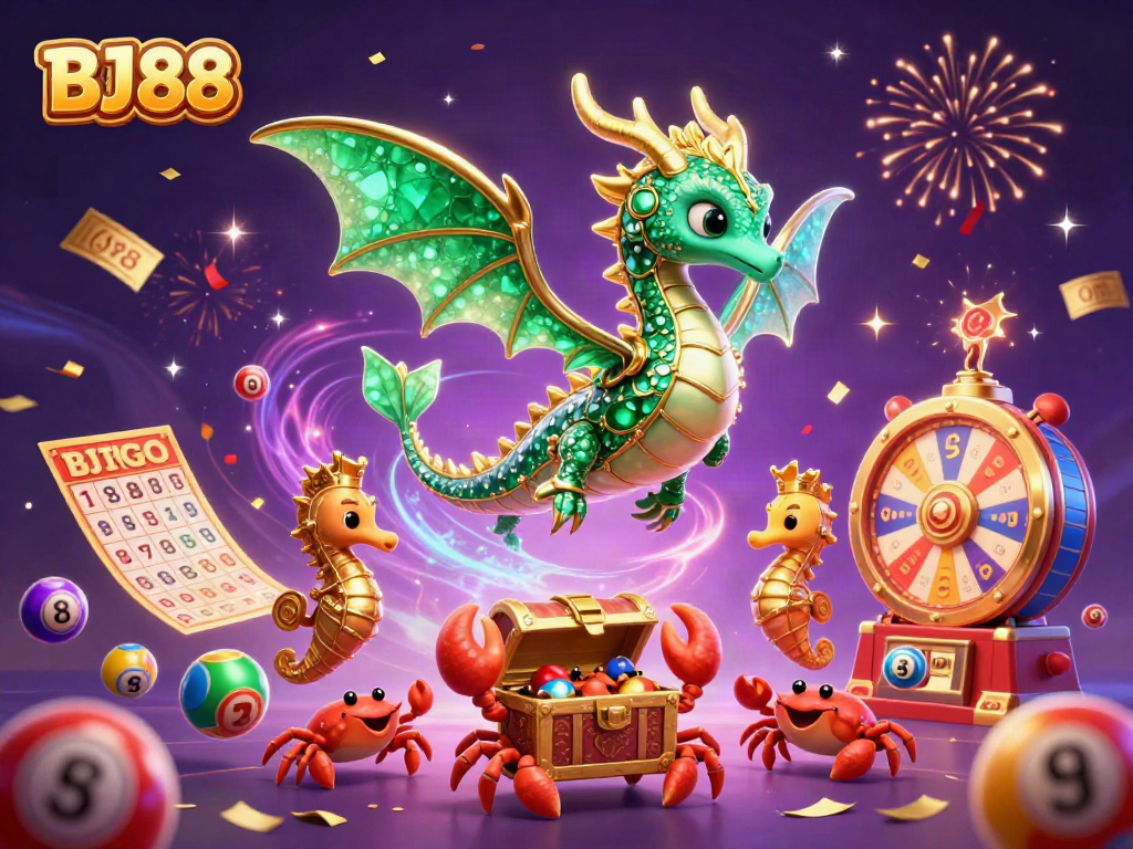 BJ88 captures the excitement of casino gaming with a vibrant 3D illustration featuring whimsical characters and dynamic elements.