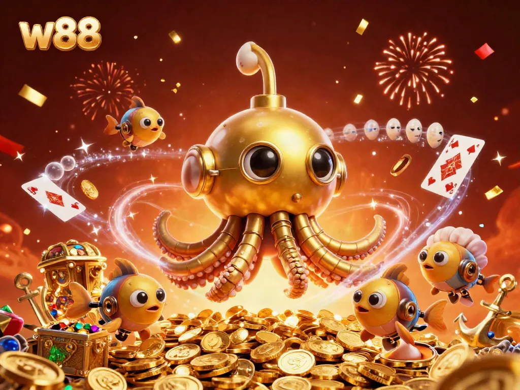 w88 golden kraken submarine and mechanical fish celebrate winnings in a vibrant casino-themed scene.