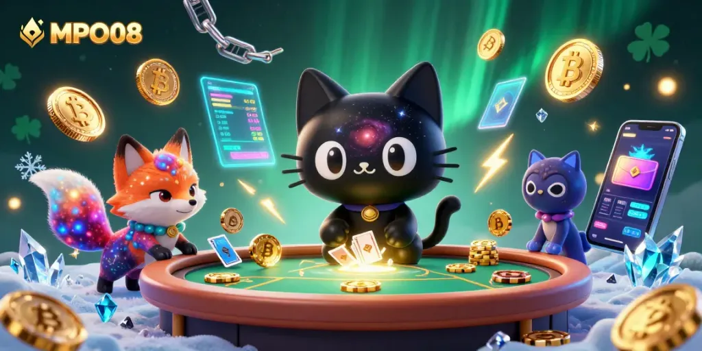 Engage in MPO08 casino gaming, highlighted by enchanting 3D characters and vibrant crypto elements, showcasing thrilling gameplay.