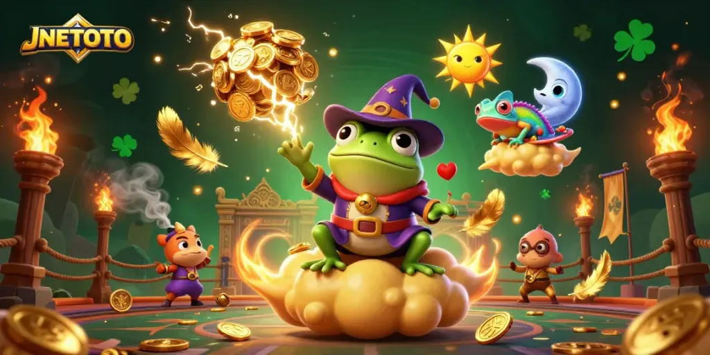 Engage with the enchanting world of JNETOTO as a wizard frog conjures golden coins and a chameleon rides a cloud.