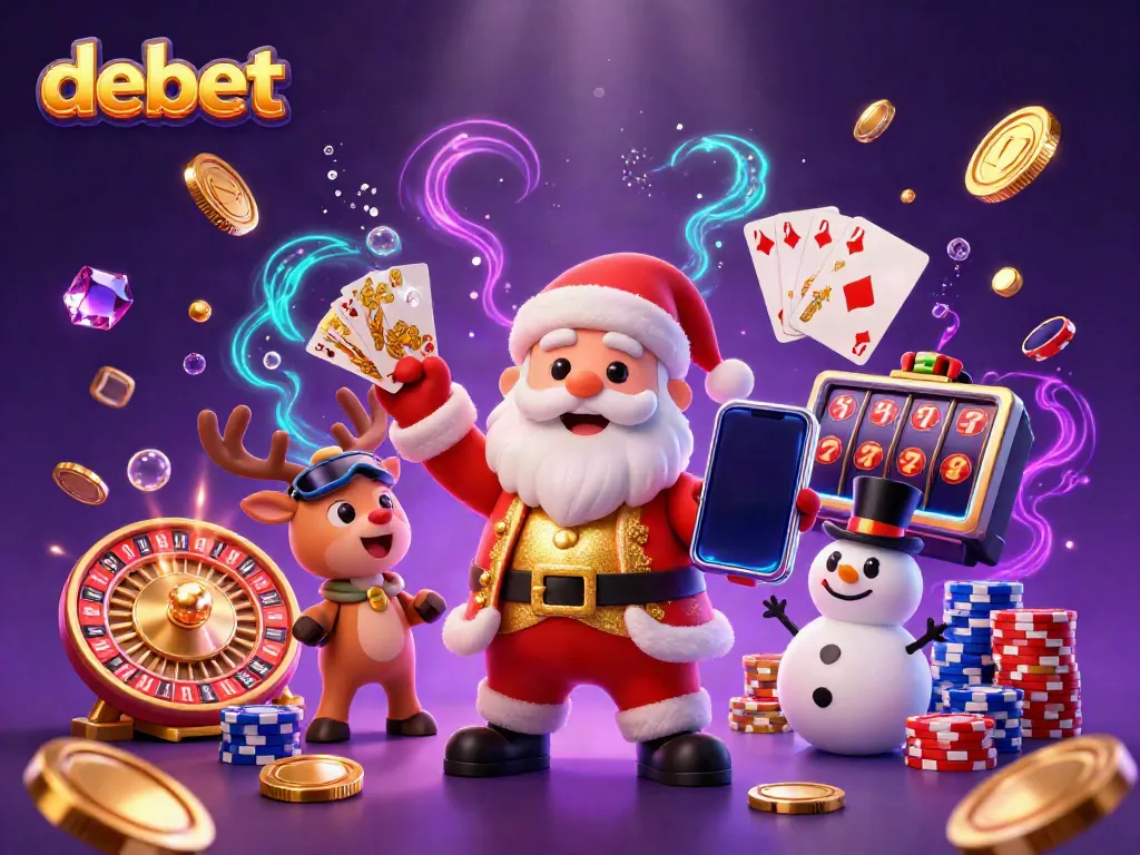 Experience exciting gameplay with debet's festive casino scenes featuring Santa, reindeer, and a snowman.