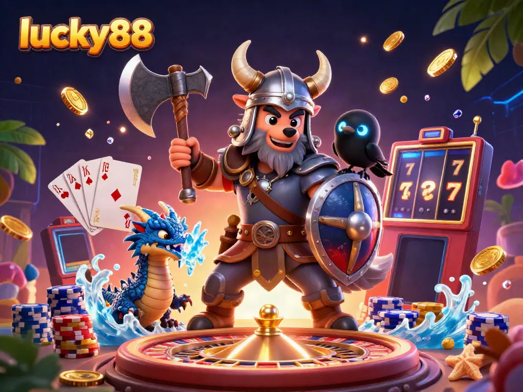 Experience the excitement of lucky88 with a Viking wolf warrior, dragon, and casino elements in an ultra-detailed illustration.