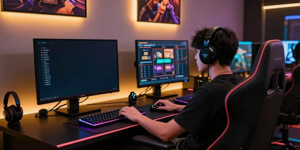 Exciting gaming setup at yumetoto with vibrant slot displays and stylish decor